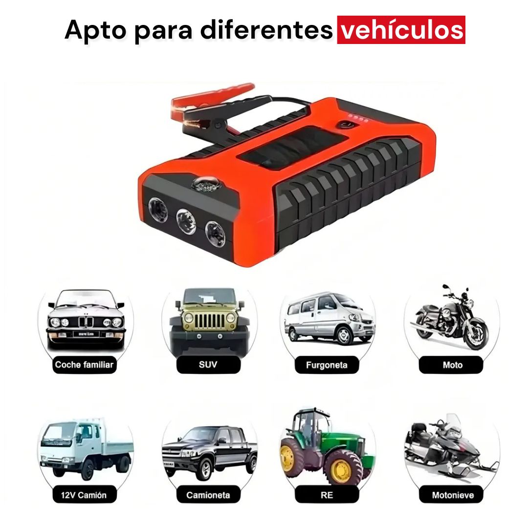 Arrancador Portátil 3 en 1 para vehículos – Batería Externa y Linterna LED