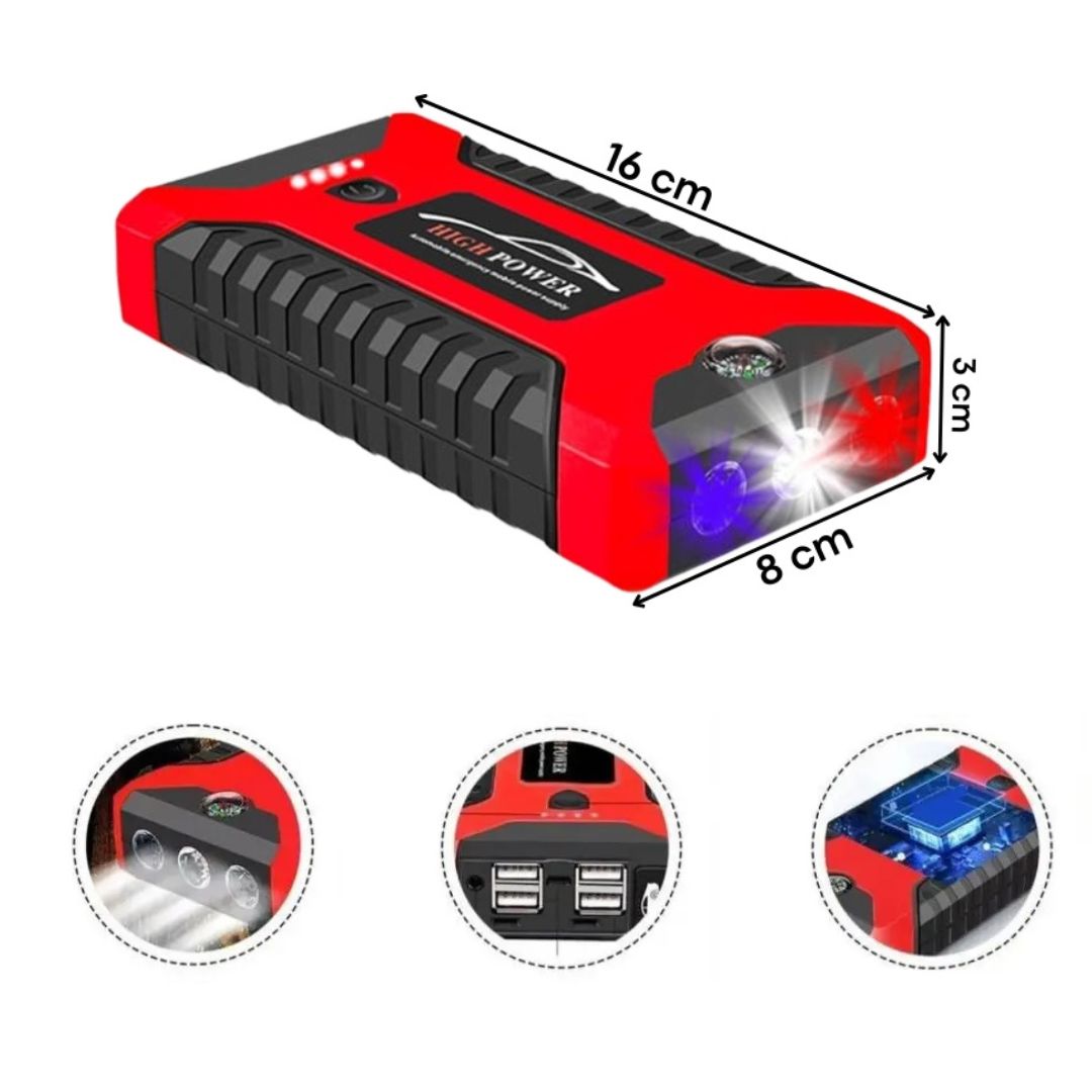 Arrancador Portátil 3 en 1 para vehículos – Batería Externa y Linterna LED